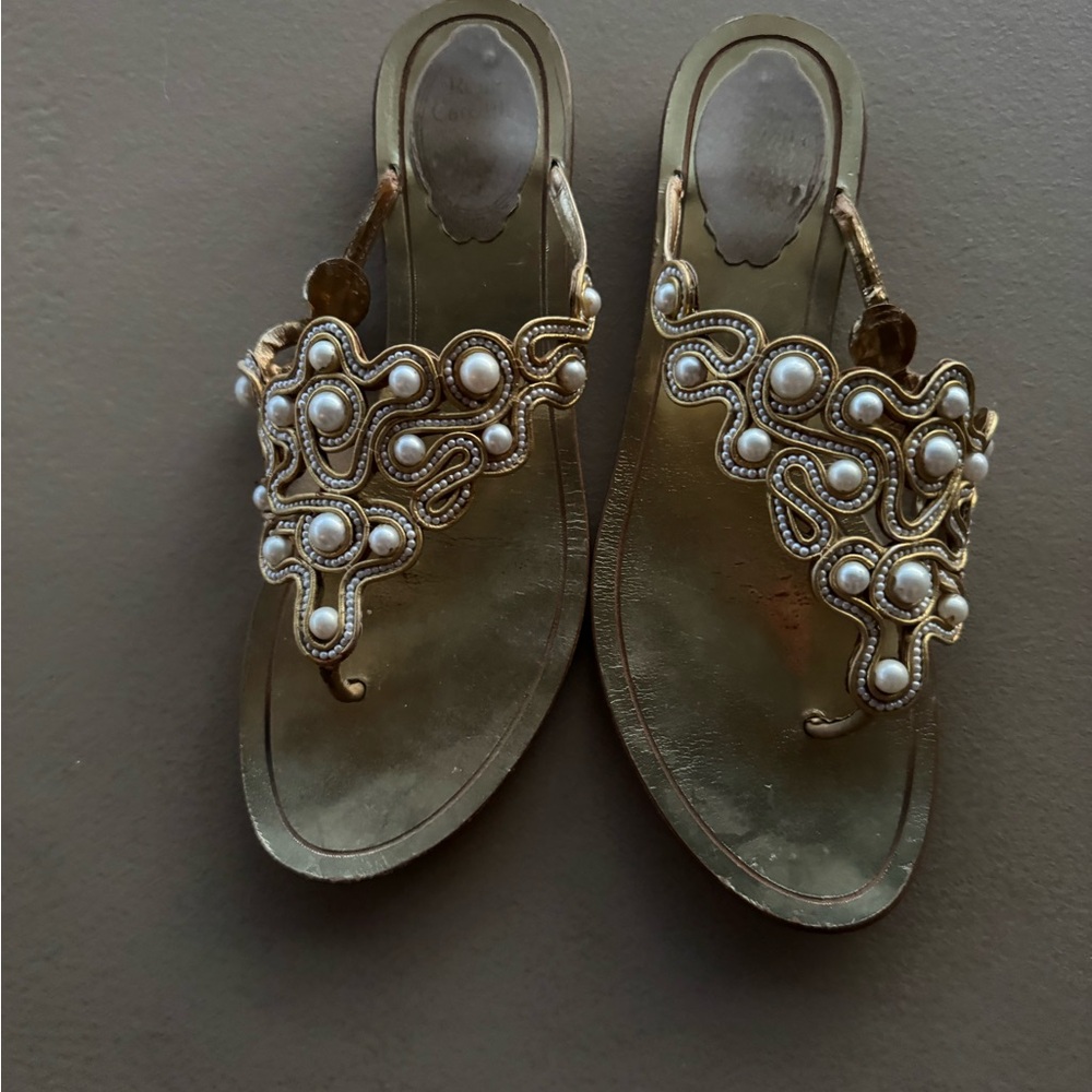 Rene Caovilla Gold Sandals with Pearl Accents